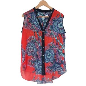 Hunter Bell 100% Silk Diamond Print Button Down Front Sleeveless Blouse